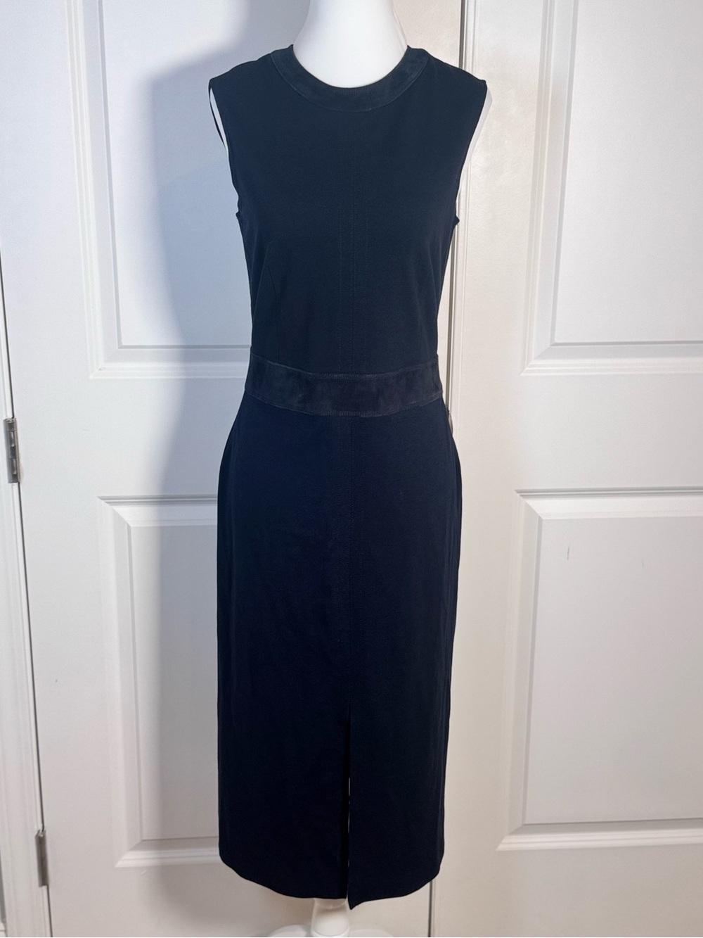 Theory Antlia Fixture Ponte Dress 6 Black Lamb Leather Trim Midi Sheath Slit
